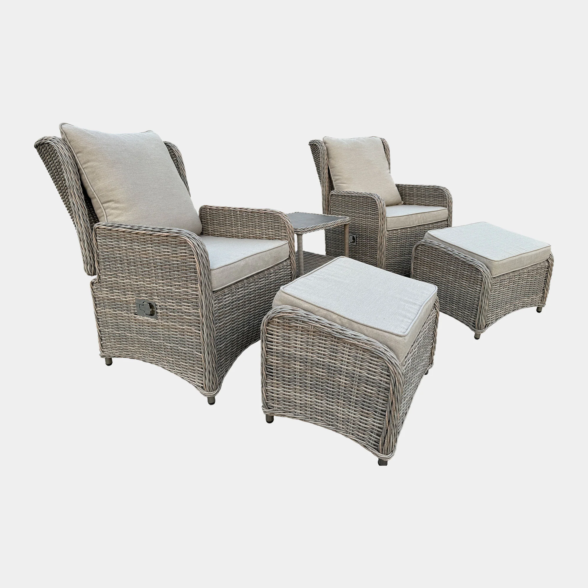 Bahama - Set Of 2 Reclining Garden Chairs With Stools & Side Table, Aluminium & Rattan - Image 3