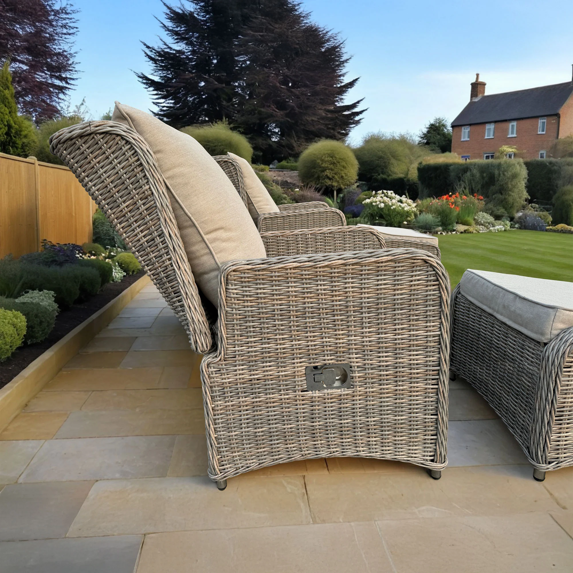 Bahama - Set Of 2 Reclining Garden Chairs With Stools & Side Table, Aluminium & Rattan - Image 5