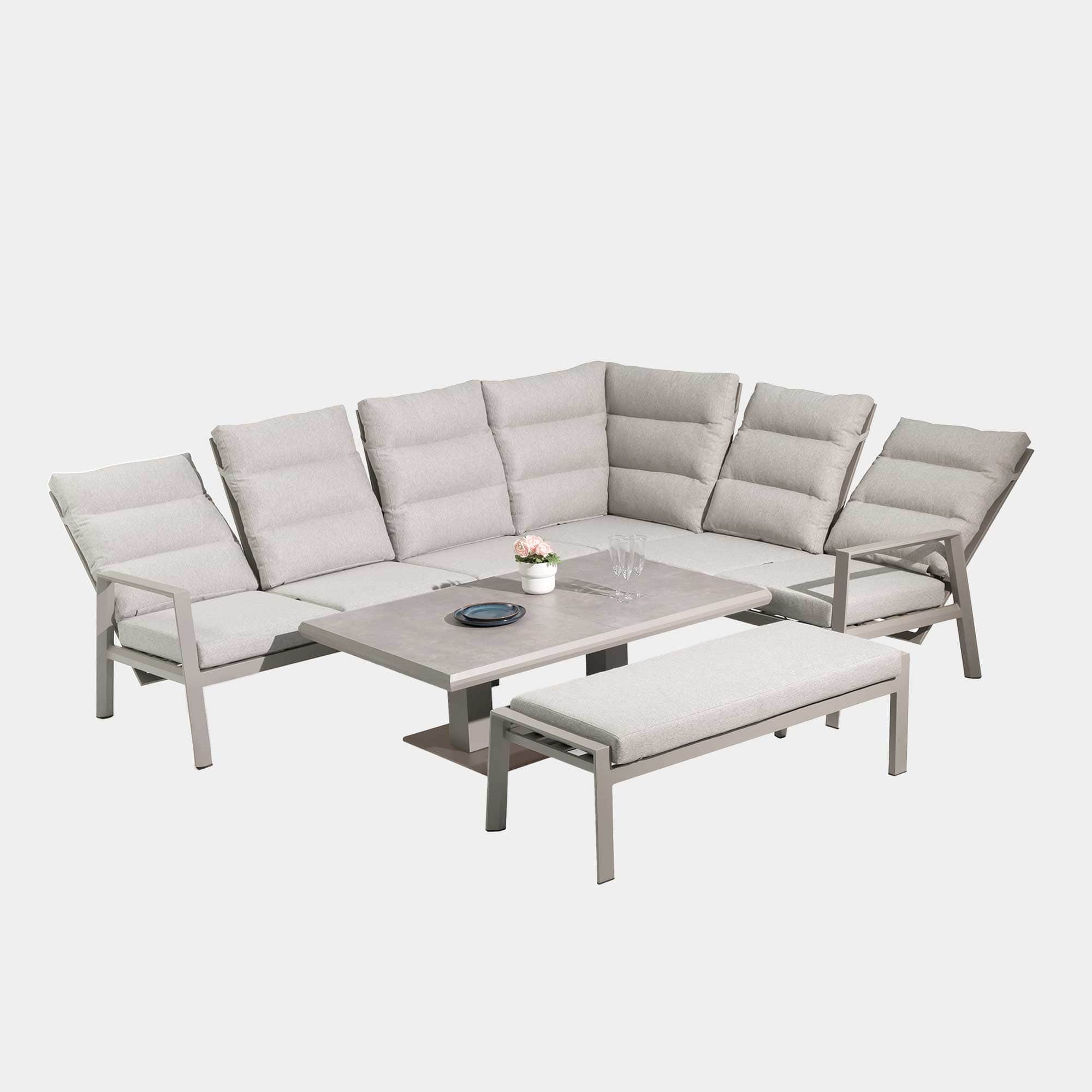Barbados - Corner Garden Sofa Dining Set With Rising Table, Grey Aluminium - Image 3