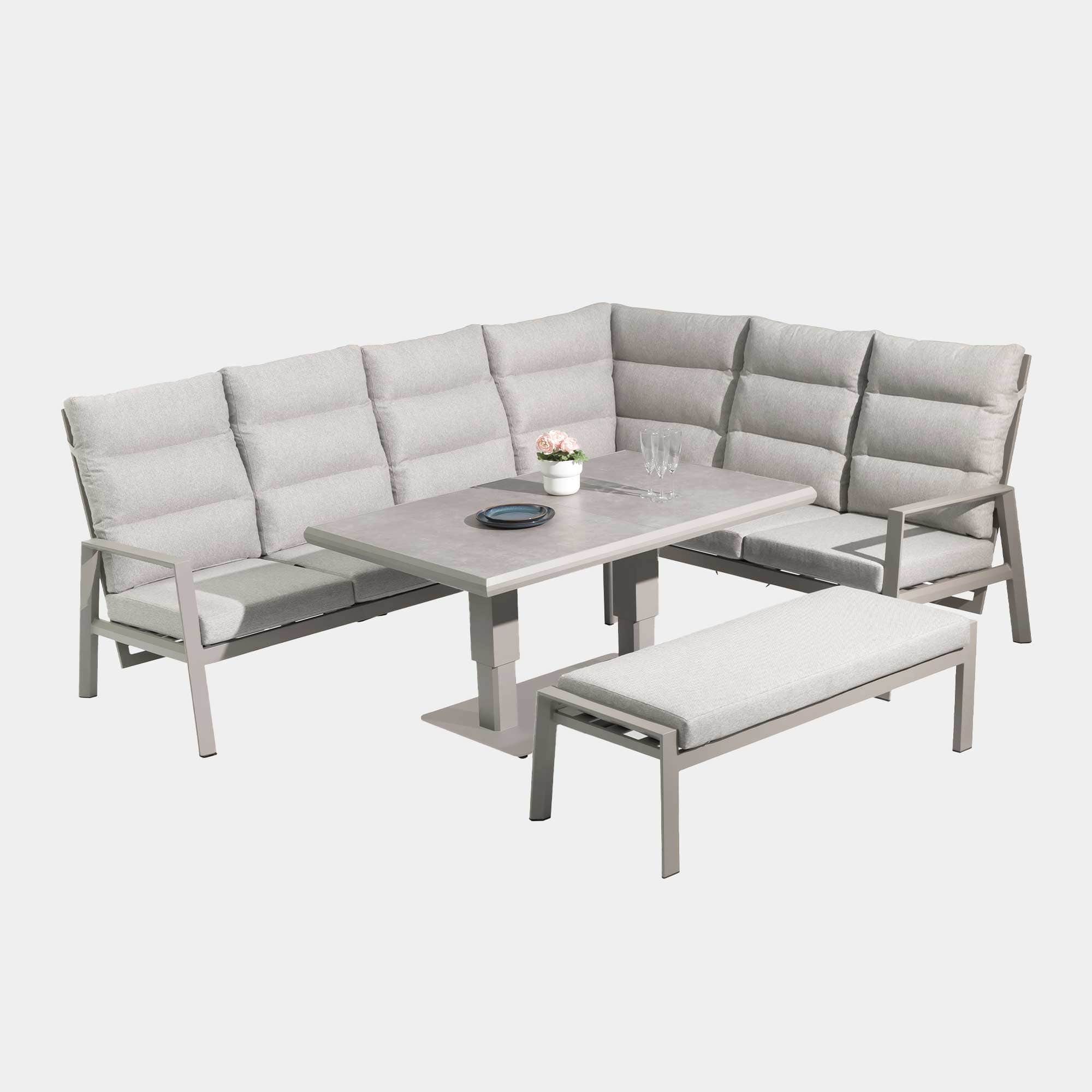 Barbados - Corner Garden Sofa Dining Set With Rising Table, Grey Aluminium - Image 4