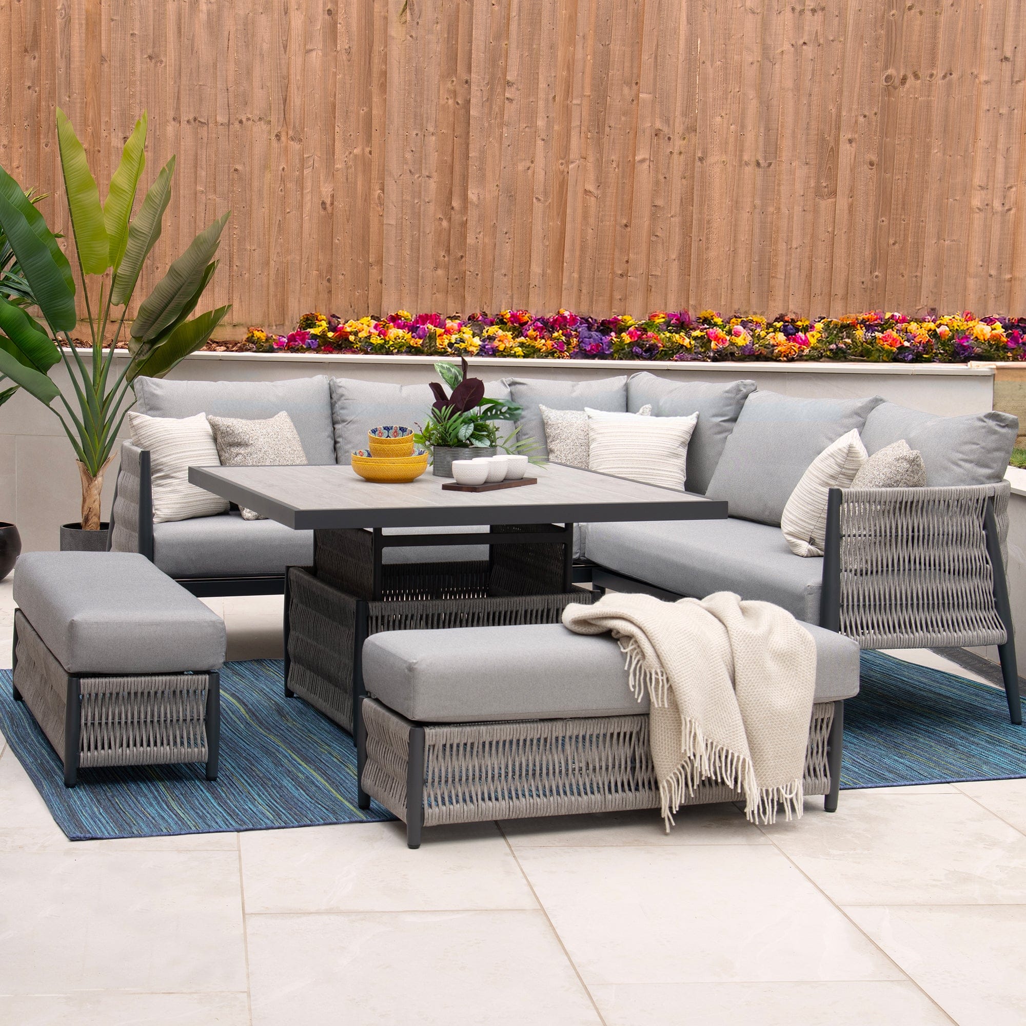 Coconut Grove - Corner Garden Dining Set With Rising Table & 2 Benches, Aluminium & Rattan Rope Effect - Image 3